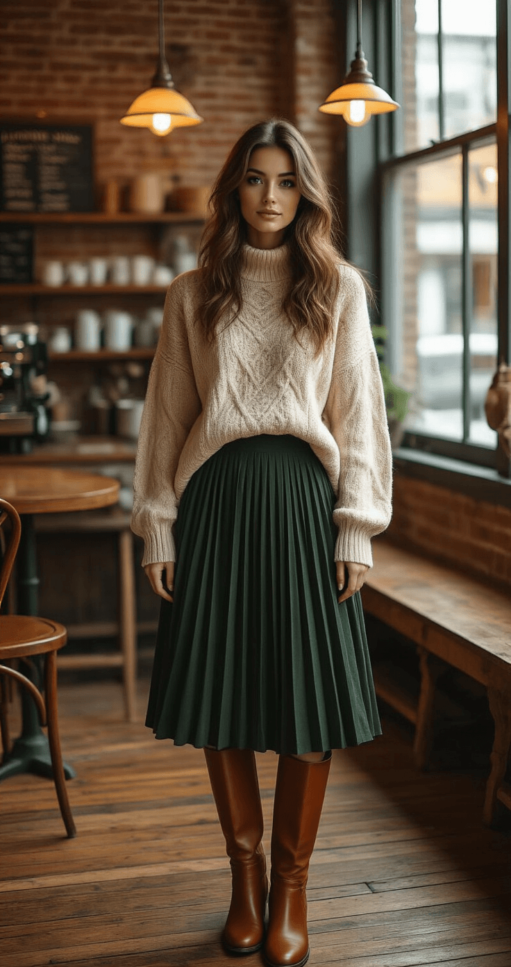 10 Must-Have Fall Outfits Every Woman Needs In Her Wardrobe A cozy coffee shop corner features exposed brick walls and vintage wooden floors, showcasing knee-high cognac leather boots paired with a forest green wool pleated midi skirt, while a cream cable-knit sweater drapes over the shoulders. Warm pendant lighting and cool window light create a textured atmosphere.
