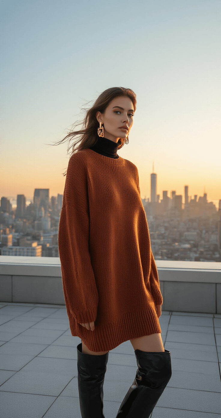 10 Must-Have Fall Outfits Every Woman Needs In Her Wardrobe A model wearing a rust-colored oversized sweater dress over a black turtleneck stands on a modern rooftop terrace at sunset, with a city skyline in the background. She showcases black leather knee-high boots and gold statement earrings that shimmer in the warm light, as a gentle breeze moves the fabric of her outfit.