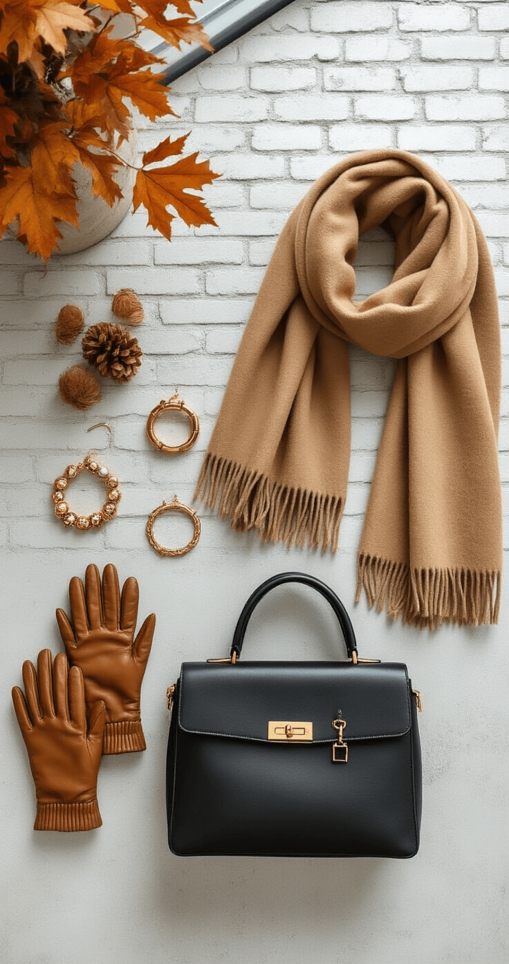 10 Must-Have Fall Outfits Every Woman Needs In Her Wardrobe Flatlay of fall accessories including a camel cashmere scarf, brown leather gloves, gold-toned jewelry, and a structured black leather bag, arranged on a light grey concrete surface in an industrial-chic studio with whitewashed brick walls and natural overhead lighting.
