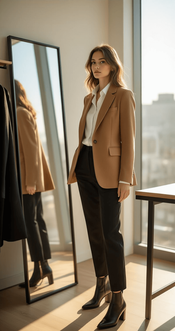 A young professional woman in a sunlit minimalist office corner assesses her 'I Mean Business' look, wearing a camel wool blazer over a crisp white button-down and black tailored trousers, with black leather ankle boots. A full-length mirror, sleek desk, and organized clothing rack are visible in the background, while warm morning light highlights the blazer's texture.