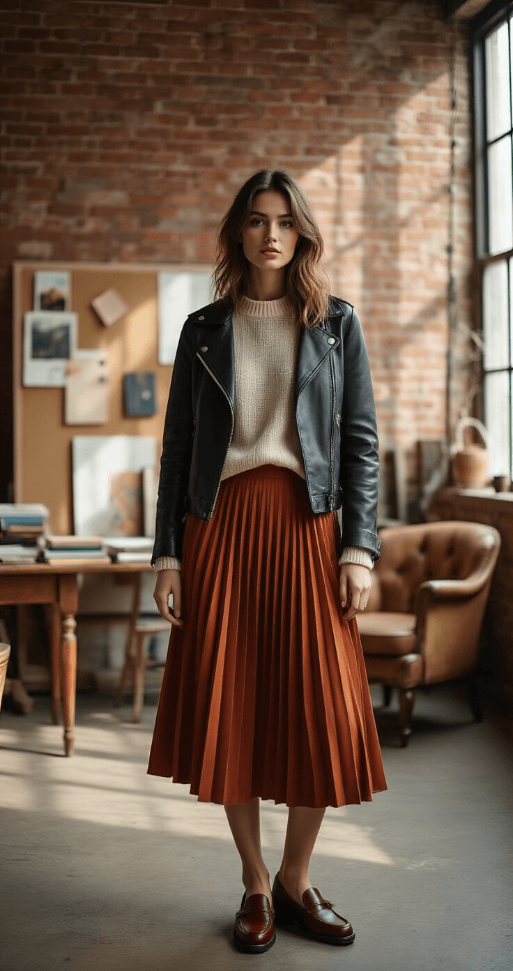 A creative professional in a cozy brick-walled studio loft, wearing a rust-colored pleated midi skirt, cream cashmere sweater, and black leather jacket, stands in late afternoon light. Chunky burgundy leather loafers complement the outfit. The scene includes a mood board, design books, and vintage furniture, captured from a street style perspective with soft shadows and textile textures.