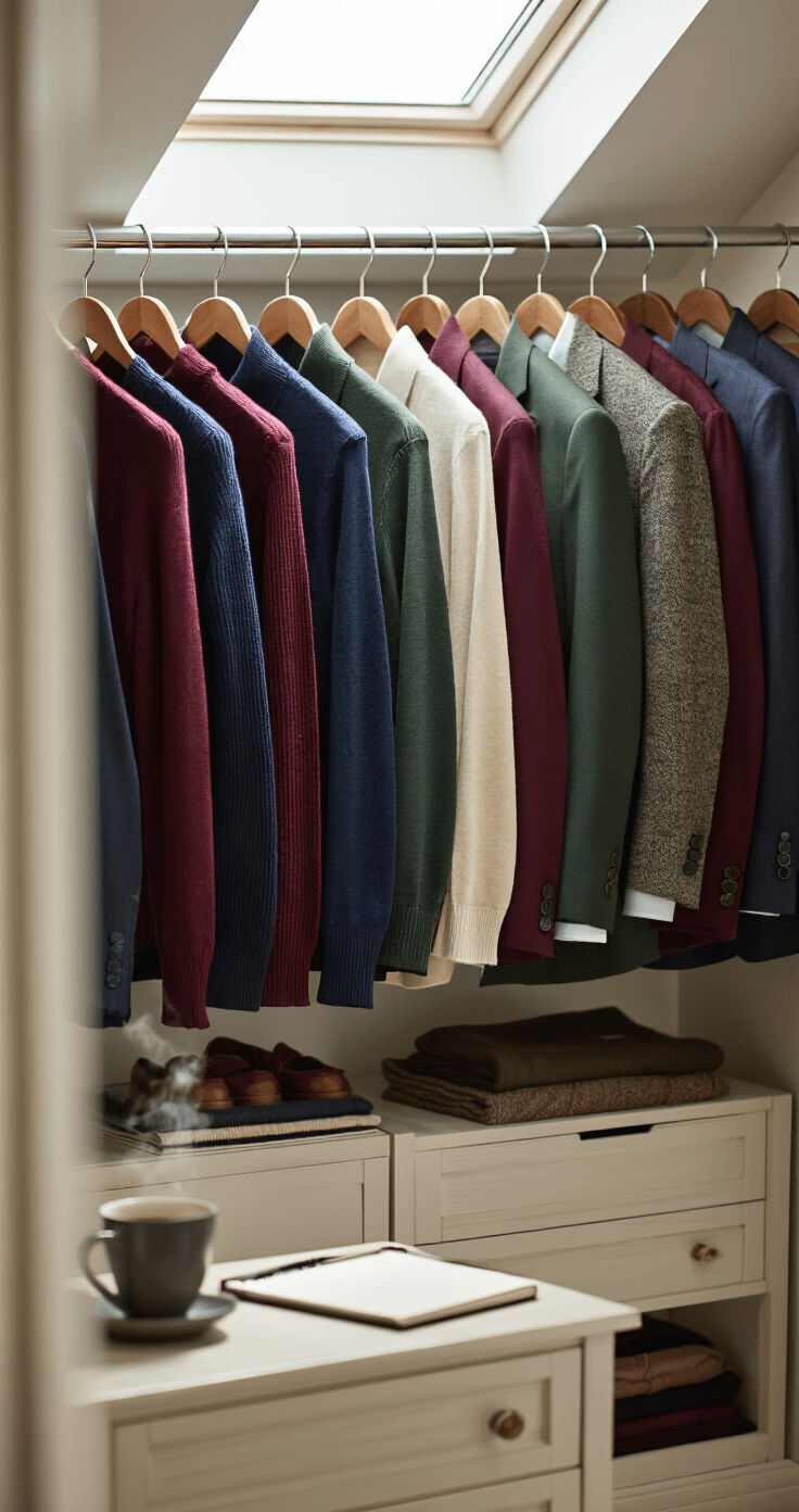 Elegant walk-in closet bathed in morning light, featuring neatly arranged thin merino wool sweaters, silk button-downs, and quality blazers in navy, burgundy, and forest green. Showcases detailed fabric textures and complementary color combinations, with natural light creating soft highlights on the garments. Lifestyle elements include a steaming coffee cup and planner on a nearby dresser, captured with a 50mm lens at f/2.0 to emphasize organization and color story.