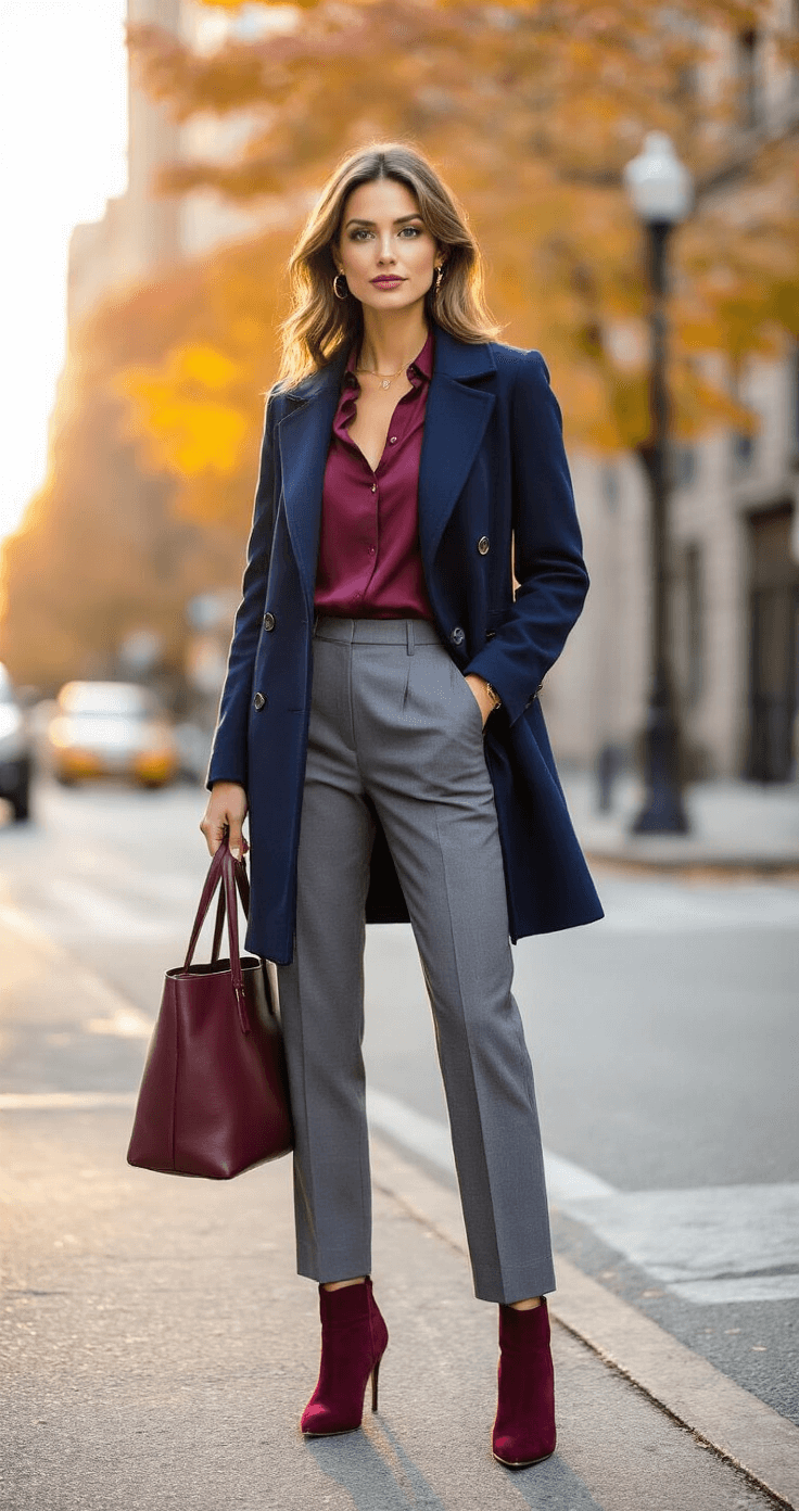 Professional woman in a navy wool coat over a burgundy silk blouse, tailored grey trousers, and burgundy suede boots, standing at an urban street corner during golden hour. She carries a leather tote bag and wears minimal gold jewelry, with fall foliage and architectural elements in the background, illuminated by soft evening light creating dramatic shadows. Shot from a low angle with a 35mm lens.