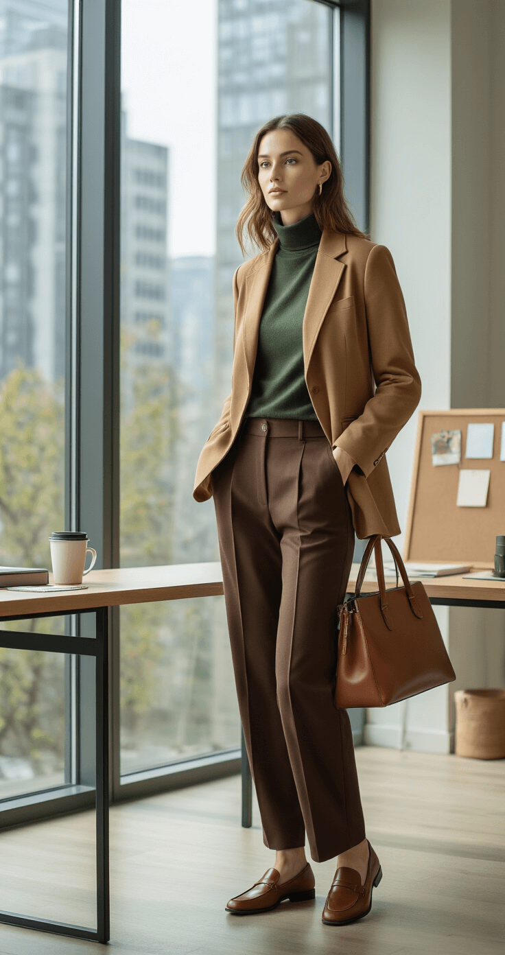 A creative professional in a forest green turtleneck and tan suede blazer sits in a bright modern office with floor-to-ceiling windows, surrounded by sleek office elements like a desk and a mood board, a coffee cup nearby.