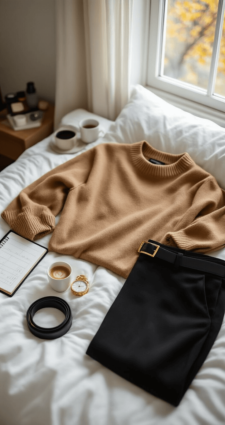 Cozy bedroom scene featuring a close-up flat lay of camel and black outfit on white bedding: black slim trousers, camel cashmere sweater, black leather belt, and gold accessories, illuminated by natural morning light. Lifestyle elements like beauty products, a planner, and a coffee cup are arranged on the bedside table.
