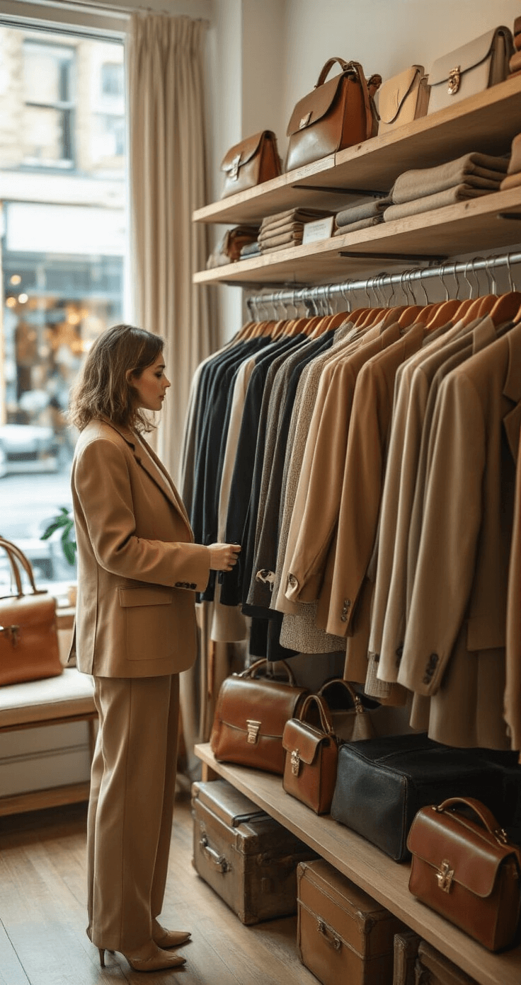 A woman examines a high-end camel blazer inside a cozy secondhand boutique, filled with racks of quality blazers, vintage leather bags, and classic trousers, illuminated by warm lighting and natural light from storefront windows.