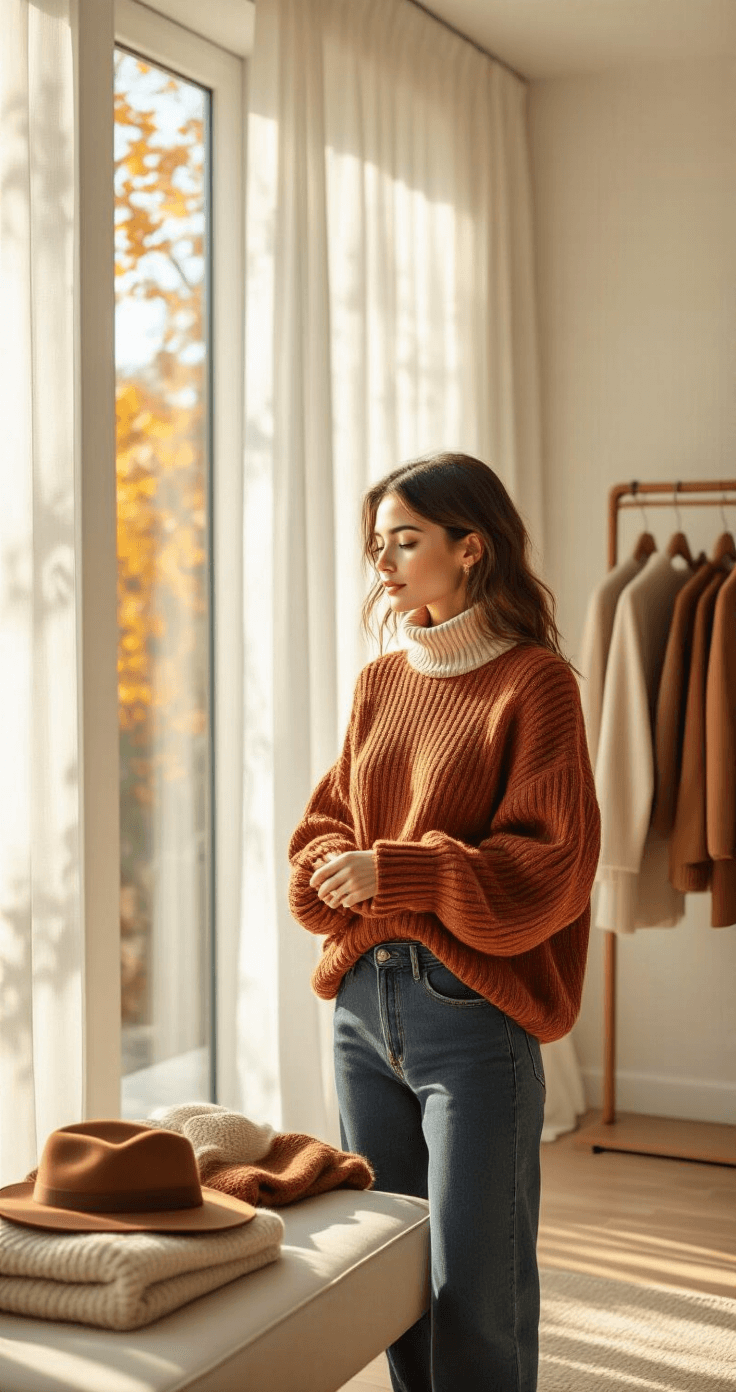 A young woman styles a rust-colored chunky knit sweater over a cream fitted turtleneck in a sun-drenched modern minimalist bedroom, with early morning light streaming through floor-to-ceiling windows and soft shadows cast across the room.