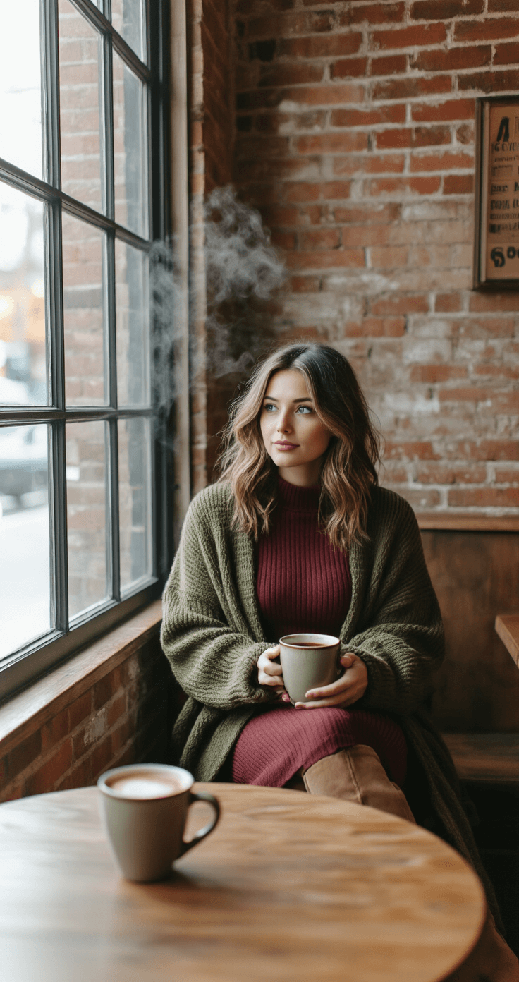 A cozy coffee shop interior features exposed brick walls and wooden elements, with a subject in an olive green cardigan and burgundy dress seated by a window, steam rising from a ceramic mug, all captured in soft, moody autumn tones.