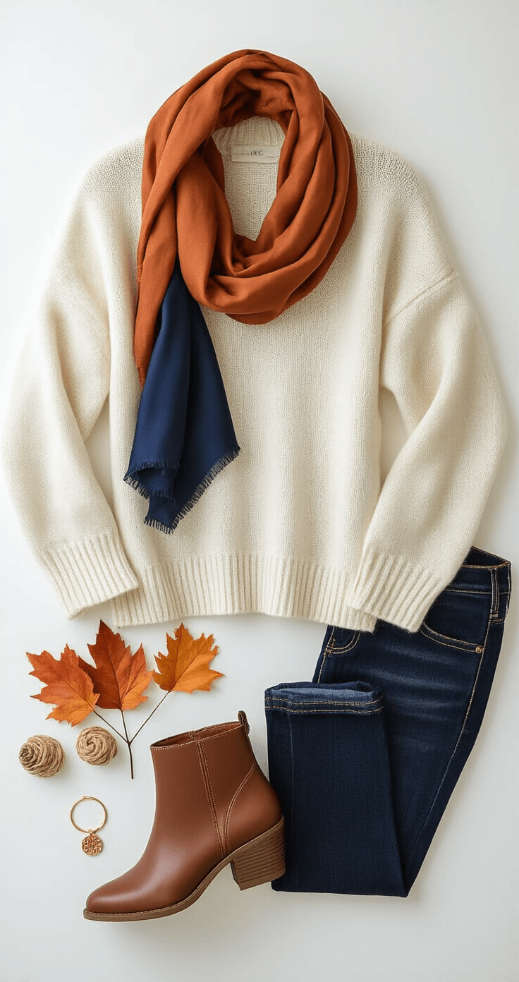 Flat lay of fall wardrobe essentials on a white backdrop, featuring a cream cashmere sweater, dark wash jeans, brown leather ankle boots, and rust and navy silk scarves, with minimal gold jewelry accents, captured in soft lighting.