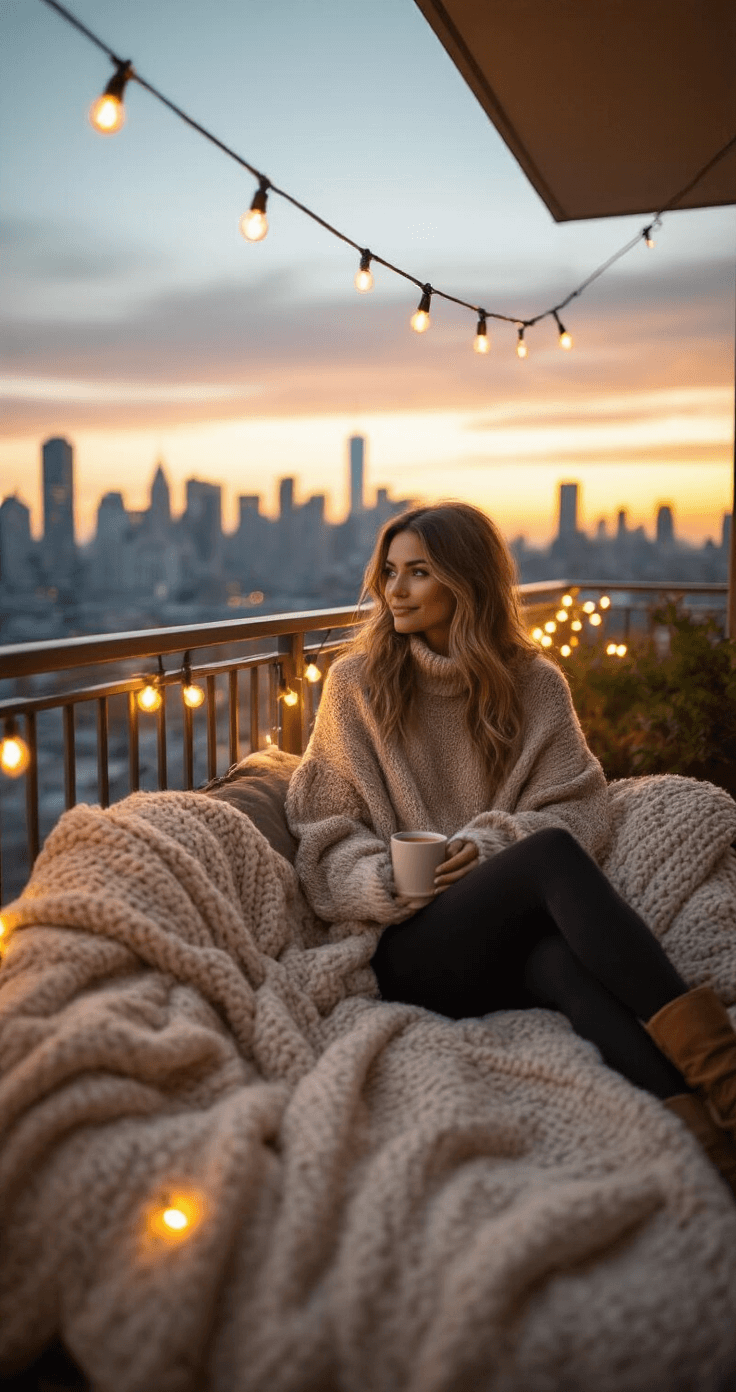 A model relaxes on a stylish apartment balcony at sunset, wearing an oversized neutral knit sweater, fitted black leggings, and slouchy boots, surrounded by string lights that create a warm ambiance. A textured throw blanket and warm beverage accessories enhance the cozy atmosphere, with a city skyline visible in the background. The image is captured at eye level in an intimate documentary style using a 50mm lens, blending natural and artificial lighting.