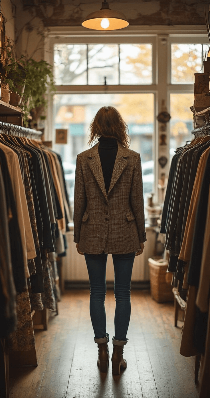 A person browses through fall clothing in a vintage thrift store, wearing a fitted black turtleneck, oversized blazer, high-waisted jeans, and heeled boots, with warm and natural light illuminating the eclectic interior. Shot from behind, capturing a nostalgic atmosphere.