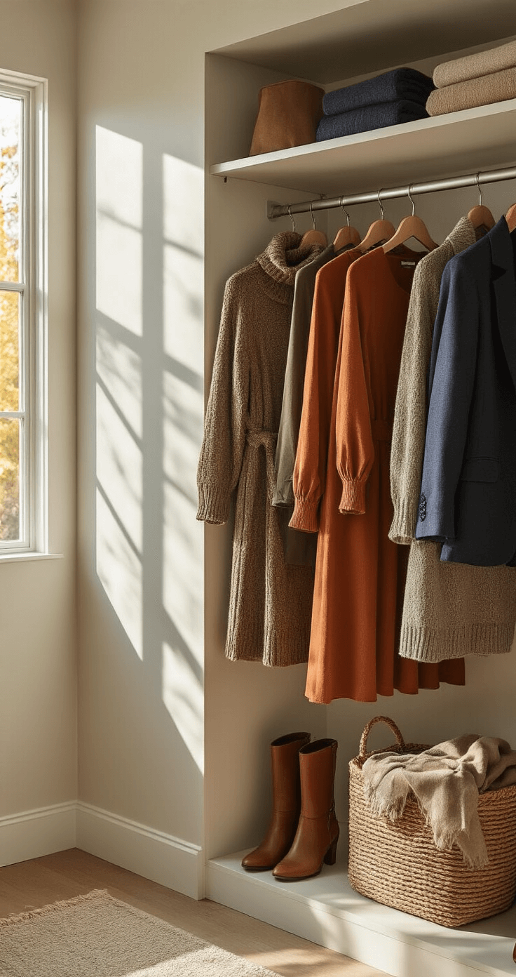 A modern walk-in closet featuring a neatly organized fall wardrobe with midi dresses, chunky knits, and blazers, all in rich autumn colors, illuminated by morning light casting geometric shadows through the window.