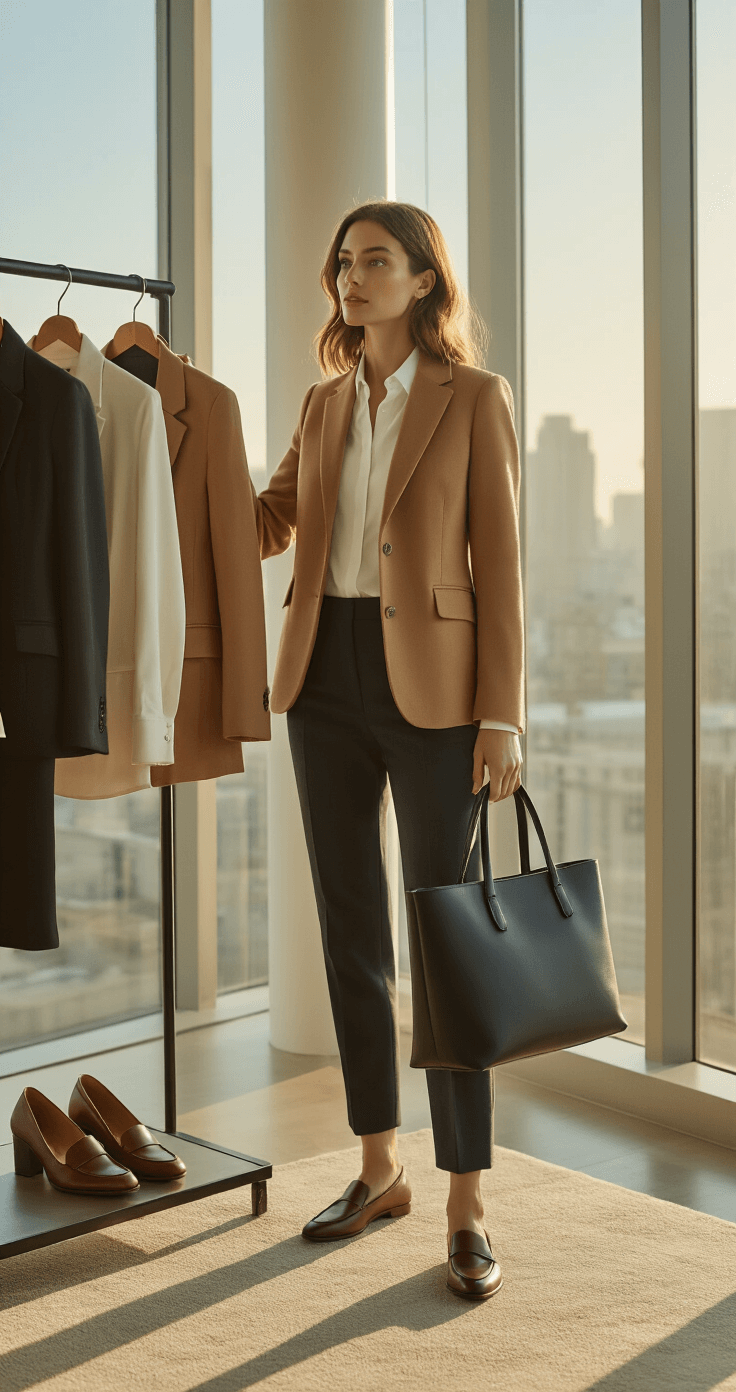 A sunlit office corner featuring a professional woman arranging a capsule workwear collection on a minimalist rack, showcasing a camel wool blazer, white button-down, and tailored trousers, with leather loafers and a black tote below, all highlighted by golden hour light.