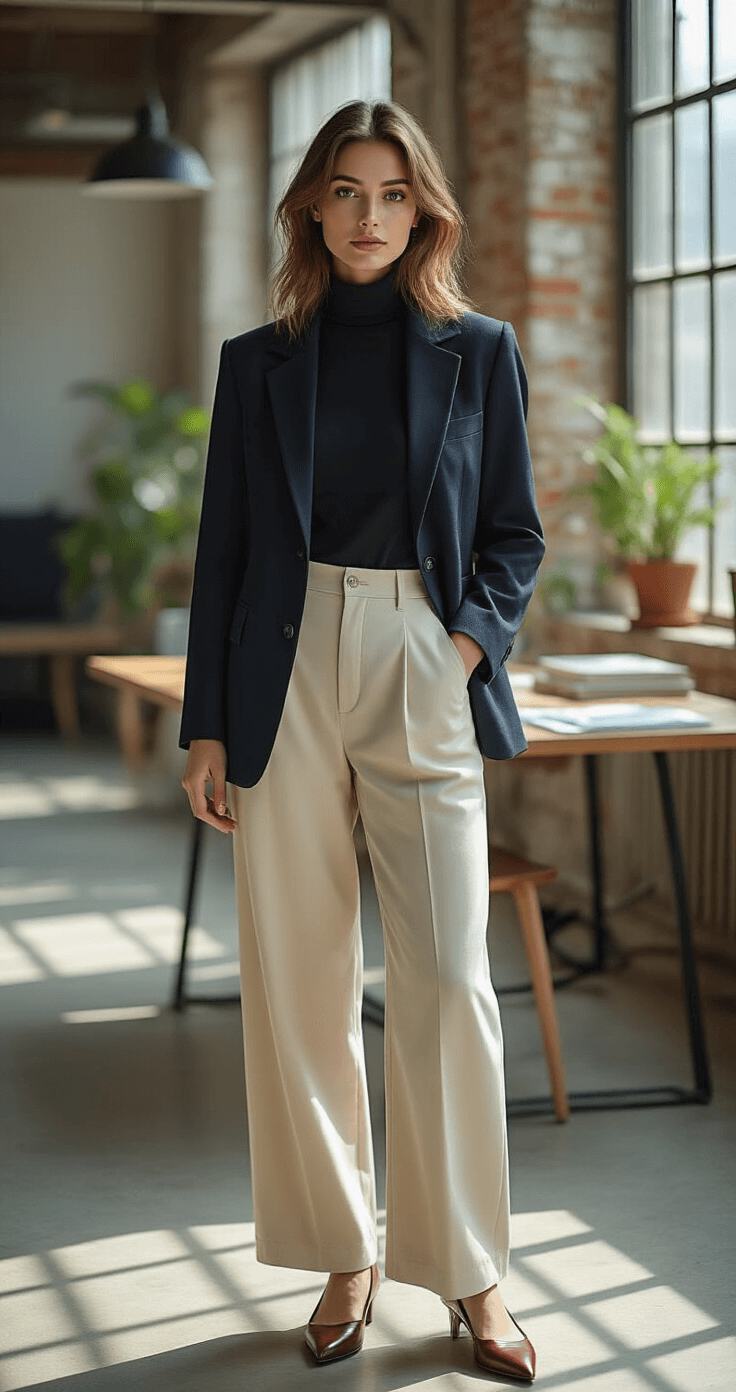 A woman in a fitted black turtleneck and structured navy blazer demonstrates layering techniques in a modern open-concept workspace with industrial-chic elements. She wears wide-leg cream trousers and burgundy point-toe leather flats. Mid-afternoon light casts dramatic shadows, captured from slightly below eye level with a 35mm lens in a documentary style.