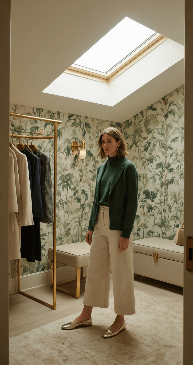 A woman in a boutique fitting room mixes high-low fashion, wearing a designer blazer with department store basics, wide-leg crops, a fitted forest green sweater, and metallic flats, all illuminated by natural light from a skylight against contemporary wallpaper and brass fixtures.