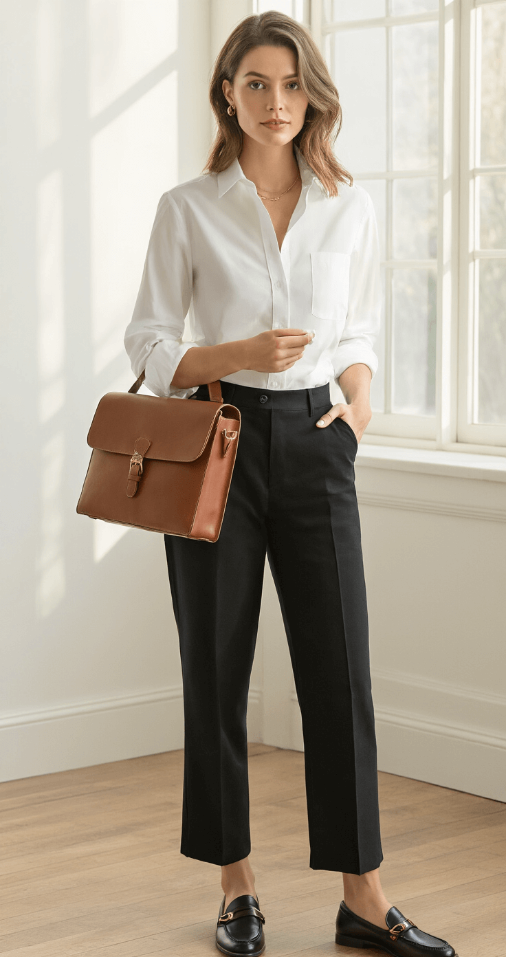 A professional woman in a minimalist home office corner demonstrates workwear styling techniques, wearing a white button-down, black straight-leg trousers, and penny loafers, while rolling her sleeves and tucking in her shirt. The scene is bathed in morning light, showcasing a leather laptop bag and simple gold jewelry, captured from a 3/4 angle with an 85mm lens.