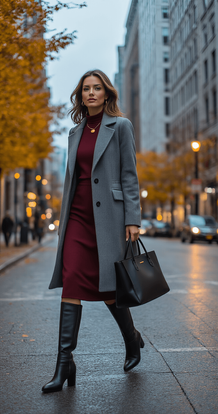 A businesswoman in a burgundy midi dress and gray wool coat walks confidently at an urban street corner during blue hour, her structured tote and minimal gold jewelry gleaming as the last rays of daylight illuminate her. Fall foliage and city architecture provide a vibrant backdrop, captured with slight motion blur from a street level perspective.