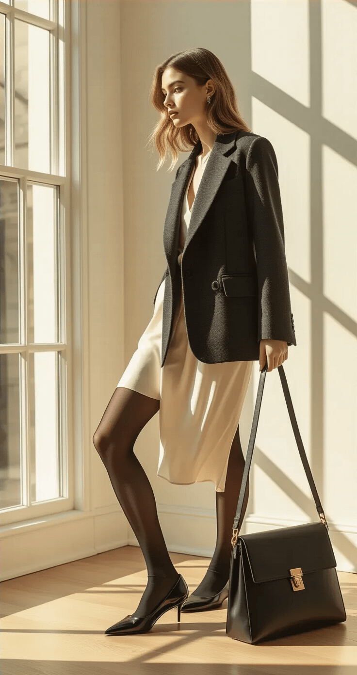 A young professional woman in an oversized charcoal wool blazer and cream silk mini skirt stands in a sunlit minimalist home office corner, showcasing a sophisticated silhouette against white walls, with sheer black tights and black leather ballet flats. A structured black shoulder bag rests nearby, while large windows create natural shadows that enhance the luxurious textures. Shot from a low angle with soft depth of field and fashion editorial lighting.