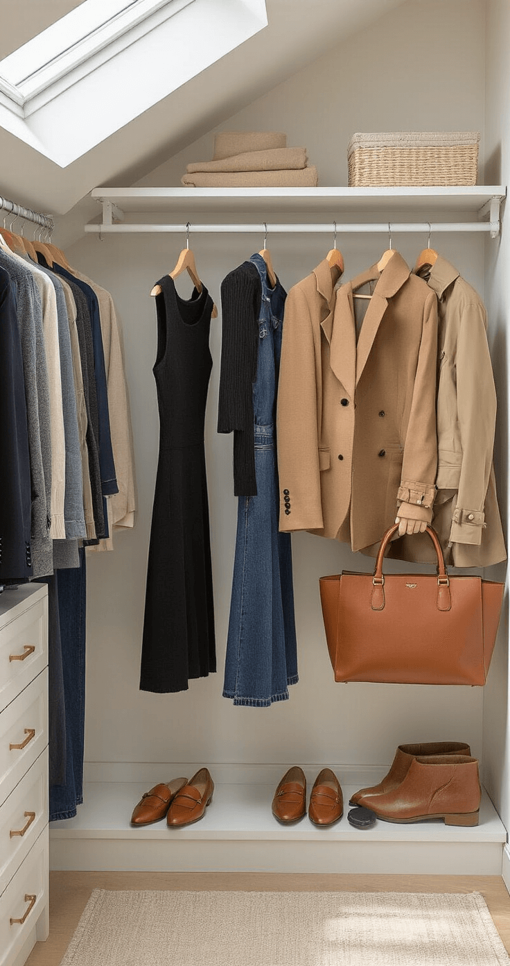 Bright and airy walk-in closet featuring an organized rack of elevated basics, illuminated by morning light streaming through a skylight. The collection includes a camel hair blazer, dark wash denim, black knit midi dress, cognac leather structured tote, patent leather loafers, and classic trench coat, all arranged by color story with visible textural details. The wide shot showcases the full wardrobe organization and emphasizes the quality materials in natural diffused lighting.