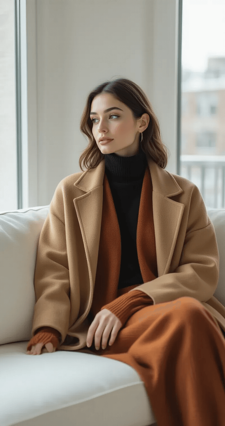 Close-up of a minimal white sofa featuring smartly layered clothing: a fitted black turtleneck, rust-colored cashmere cardigan, and a structured camel coat, bathed in soft mid-morning window light highlighting fabric textures and weaves.