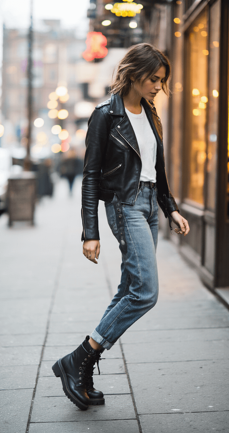 A model wearing a buttery black leather jacket, vintage-wash boyfriend jeans, a crisp white cotton tee, and chunky black leather combat boots, walking naturally in front of an industrial coffee shop exterior at dusk, with a city backdrop featuring blurred bokeh lights.