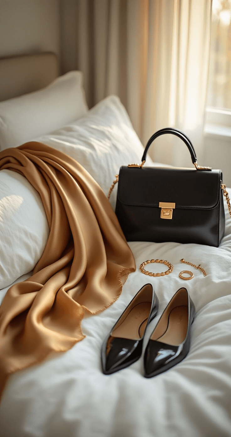 A cozy bedroom corner bathed in soft golden morning light, showcasing a styling session with camel and cream silk scarves, a structured black leather bag, gold minimalist jewelry, and patent leather flats arranged artfully on white bedding, highlighting fine details and textures.