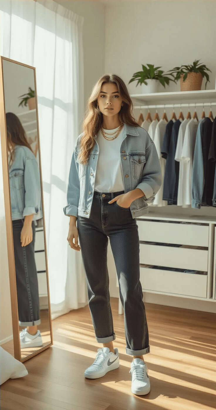 A fashion-conscious student stands in a sun-drenched minimalist bedroom, facing a full-length mirror. She wears high-waisted dark wash jeans, a crisp white tee, and an oversized light wash denim jacket, paired with white Nike Air Force 1s. Layered gold necklaces glint in the morning light. An organized closet with basic tees and jeans is visible behind her, along with natural wood floors, white walls, and potted plants, all captured in photorealistic detail from a 45-degree angle.