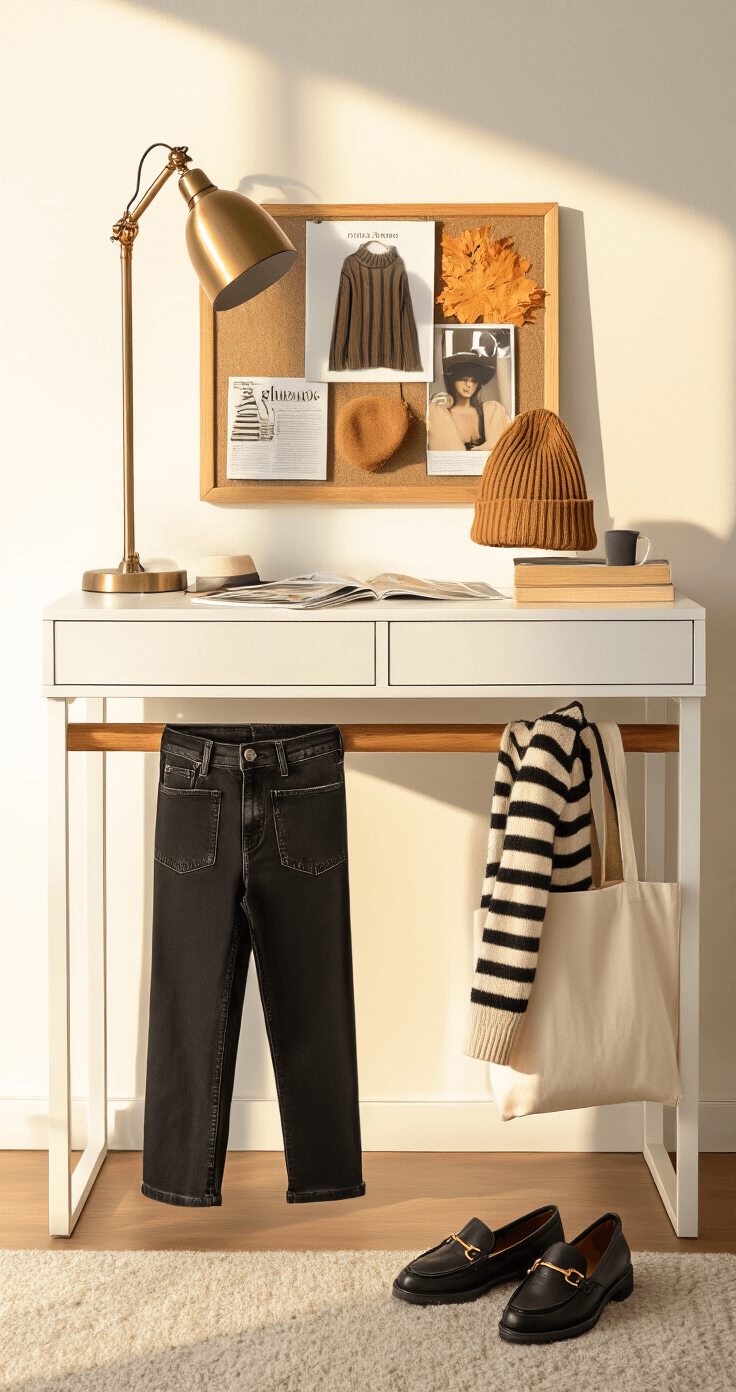 Cozy studio apartment corner illuminated by golden hour light, featuring a modern white desk with a fall fashion mood board, a clothing rack displaying a striped merino wool sweater, black high-rise jeans, chunky leather loafers, and a cream canvas tote, with a camel cashmere beanie draped stylishly. Warm wooden accents and a vintage brass lamp complement the scene, alongside scattered fashion magazines, all captured with shallow depth of field to emphasize texture details.