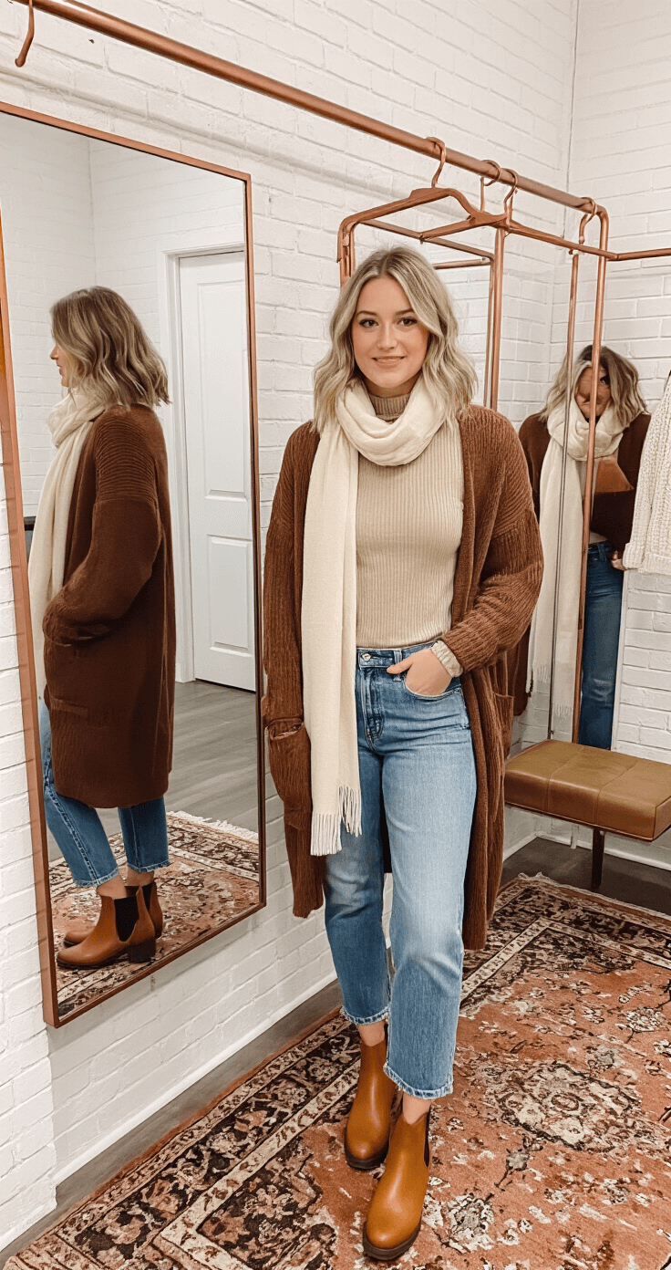 A student trying on layered attire in an industrial-chic boutique dressing room, featuring multiple mirrors and soft diffused lighting. They wear a thin ribbed oatmeal turtleneck, an oversized chocolate brown cardigan, and straight-leg vintage jeans, accessorized with a chunky cream scarf and leather chelsea boots. The setting includes copper clothing racks, exposed brick walls, and a vintage rug, captured from above to highlight the layering technique.