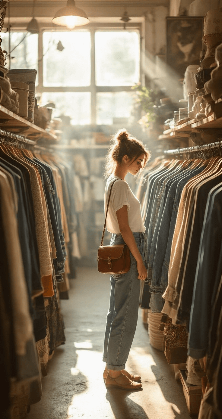 A student explores a charming thrift store filled with curated racks of denim jackets and vintage knitwear, illuminated by afternoon sunlight filtering through dust, while wearing a classic white tee, high-waisted jeans, a silk scarf in their hair, and carrying a leather crossbody bag.