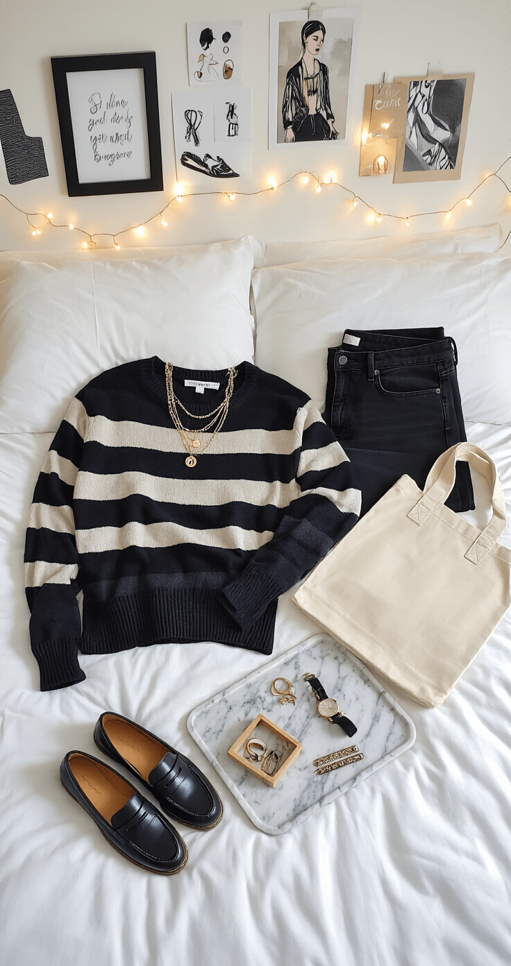 A flat-lay view of a modern teenage bedroom showcasing a dark academia-inspired outfit laid out on a neatly made bed, complete with black jeans, a striped sweater, chunky loafers, and a canvas tote. Accessories, including layered necklaces, hair clips, and a watch, are organized on a marble tray. The walls are adorned with fairy lights, inspiration photos, and fashion sketches, all illuminated by soft natural lighting.