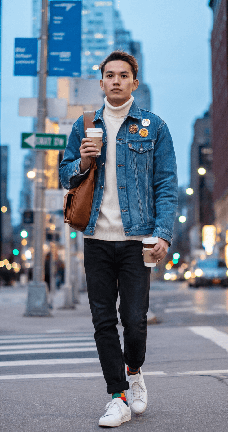 A student in a layered fall outfit walks briskly at a city street corner during blue hour, holding a coffee cup. The denim jacket is adorned with statement pins, and colorful socks are visible from beneath black jeans. City lights begin to twinkle in the background, framed by urban architecture and street signs.