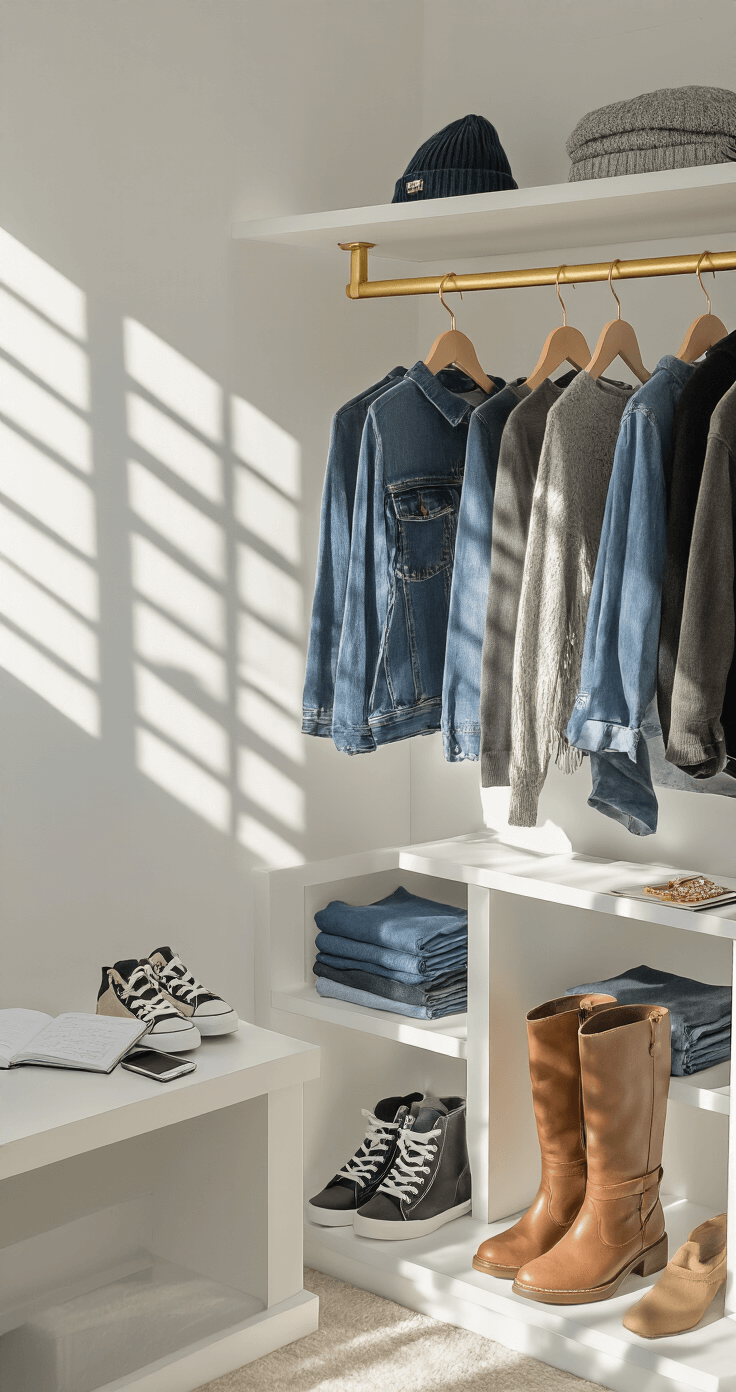 A minimalist walk-in closet bathed in early morning light, featuring a student organizing an outfit with neatly folded tees, hanging denim, and a pristine sneaker and boot collection. Accessories like beanies, scarves, and jewelry are displayed on floating shelves. A planning notebook is open, accompanied by outfit photos on a phone, all set against clean white surfaces with gold hardware details, highlighting effective organization systems.