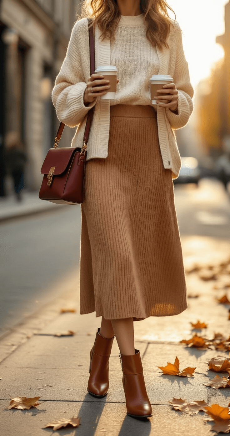 A model in a high-waist camel column skirt, cream cropped cardigan, and cognac leather ankle boots walks along a sunlit urban street corner during golden hour, holding a coffee cup. Autumn leaves scatter the sidewalk as natural light highlights the textures of her outfit, complemented by a deep burgundy leather crossbody bag. The low-angle shot captures the outfit's proportions with a shallow depth of field.