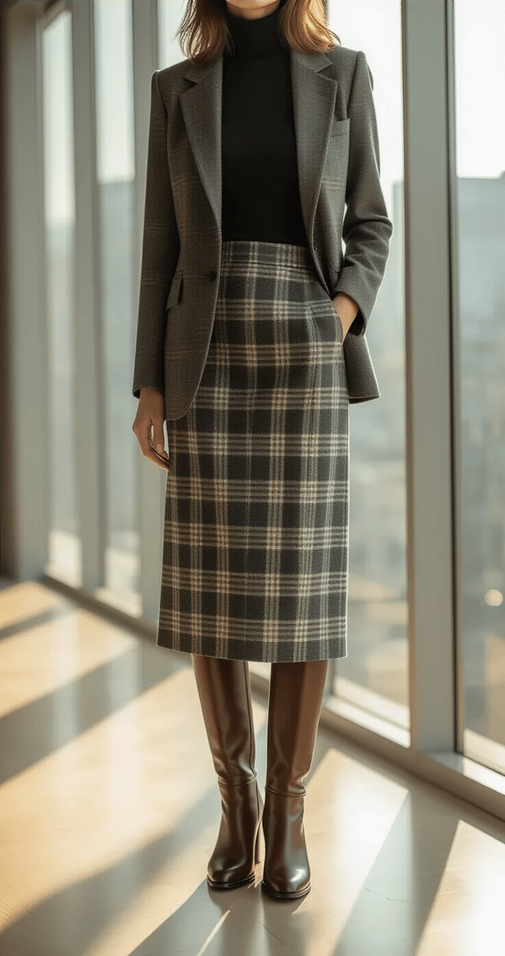 A woman in a glen plaid midi skirt and fitted turtleneck stands in a minimalist office space, with late afternoon light streaming through floor-to-ceiling windows. She drapes a structured blazer over her shoulder, showcasing knee-high brown leather boots, all captured from a three-quarter angle to emphasize the skirt's movement and the lighting contrast.