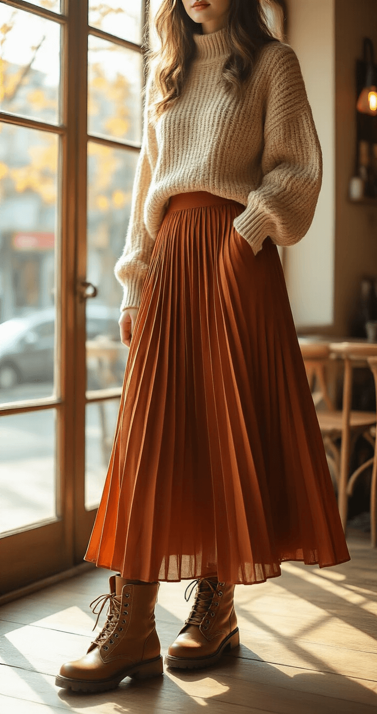 A woman in a rust-colored pleated maxi skirt and oversized oatmeal chunky knit sweater sits in a cozy café, vintage combat boots partially visible. Warm morning light filters through the windows, casting soft shadows and creating a moody autumn atmosphere.