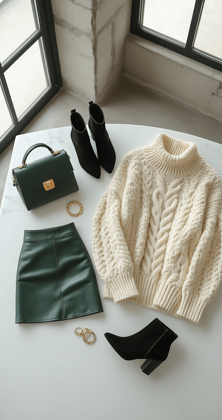 Overhead view of a modern apartment interior featuring industrial elements, showcasing a deep forest green leather mini skirt, an oversized cream cable-knit sweater, and black suede ankle boots on a white marble surface. Gold-toned jewelry and a structured handbag are also included, illuminated by soft natural light from nearby windows.