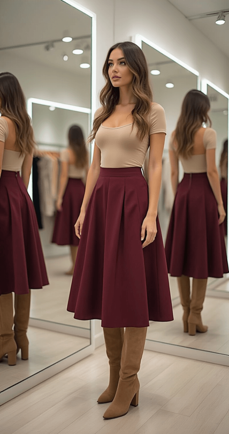 A model tries on a deep burgundy A-line midi skirt matched with a fitted beige bodysuit and tan suede knee-high boots in a bright boutique dressing room, with multiple mirrors reflecting the outfit from different angles under soft lighting.
