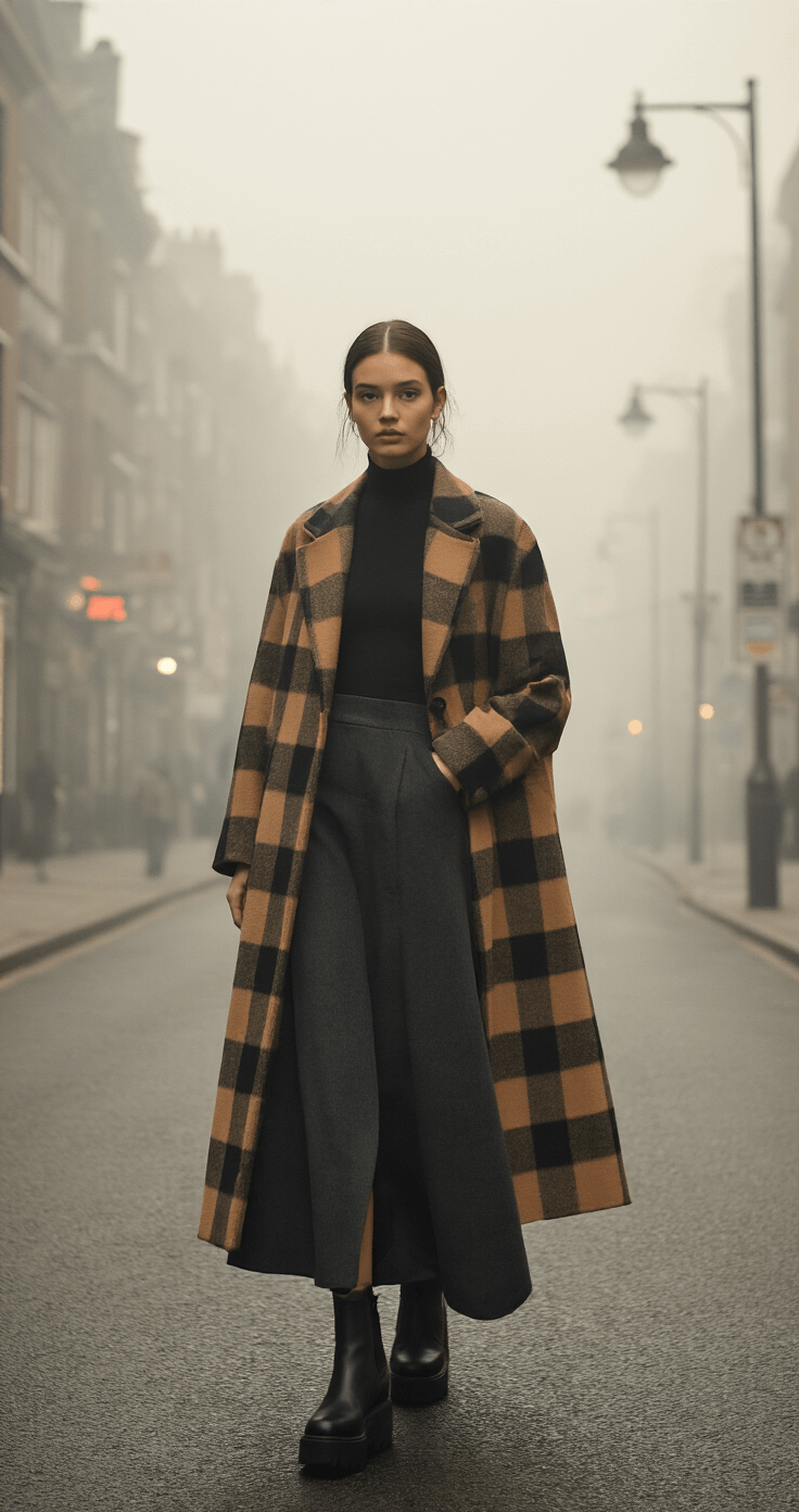 A foggy early morning street scene featuring a model wearing a high-waisted split-hem maxi skirt in charcoal wool, a fitted black turtleneck, and chunky platform chelsea boots, draped in an oversized camel and black check coat. The misty atmosphere adds drama, with street lights providing subtle highlights, captured from a cinematic 35mm perspective at street level.