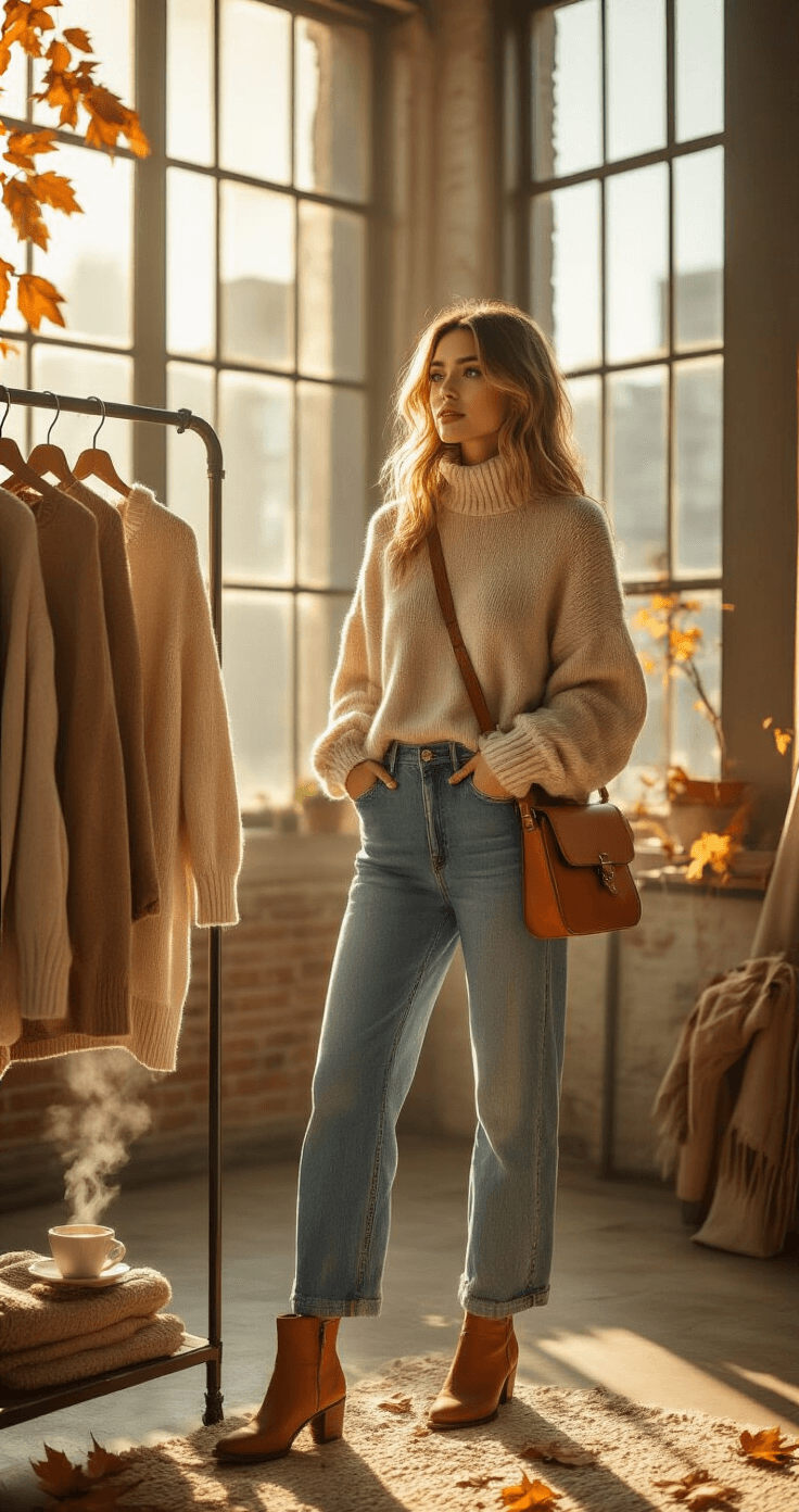 A fashion influencer styles an oversized oatmeal cashmere sweater over high-waisted vintage-wash straight-leg jeans in a sunlit modern loft. Natural leather ankle boots and a cognac crossbody bag complete the look, while a steaming coffee cup and scattered fall leaves decorate the windowsill.
