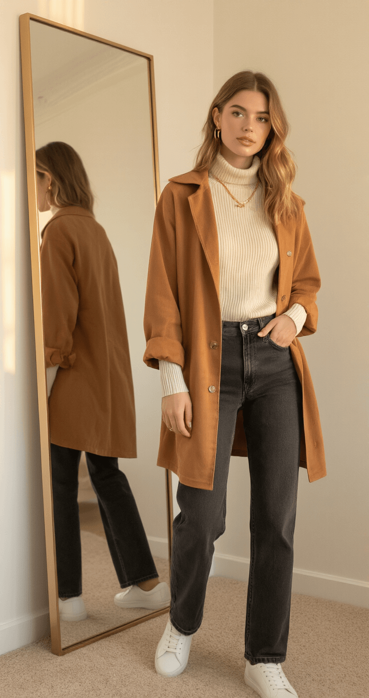 A cozy bedroom corner at magic hour, showcasing a model mid-movement in a cream ribbed turtleneck and caramel brown shacket, with dark wash straight-leg jeans and white leather sneakers. A full-length mirror reflects warm afternoon light, emphasizing rich textures in a soft focus background.