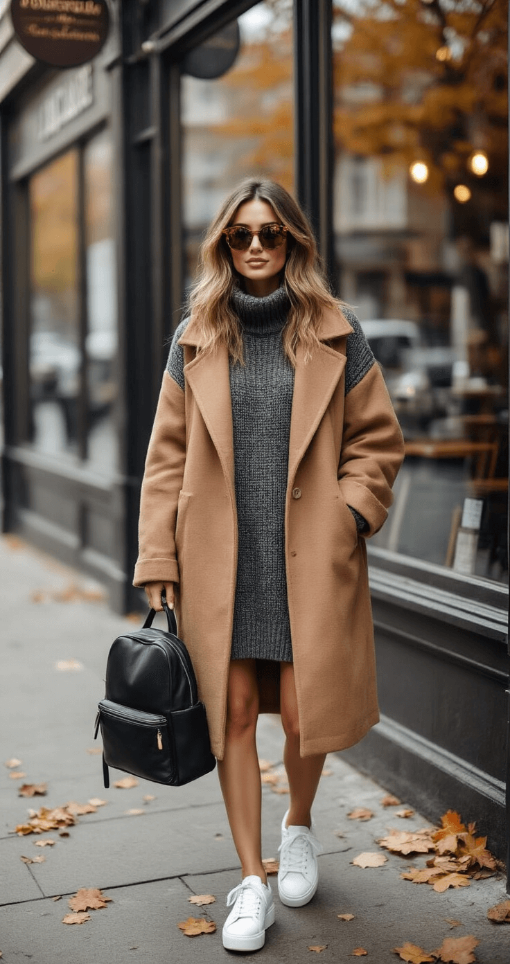 A woman in a chunky knit charcoal sweater dress and oversized camel wool coat stands outside an urban coffee shop on an overcast autumn morning, complemented by white platform sneakers, a black leather backpack, and tortoiseshell sunglasses. Falling leaves frame the scene, while the coffee shop window reflects the surroundings, captured from street level with a 35mm lens.