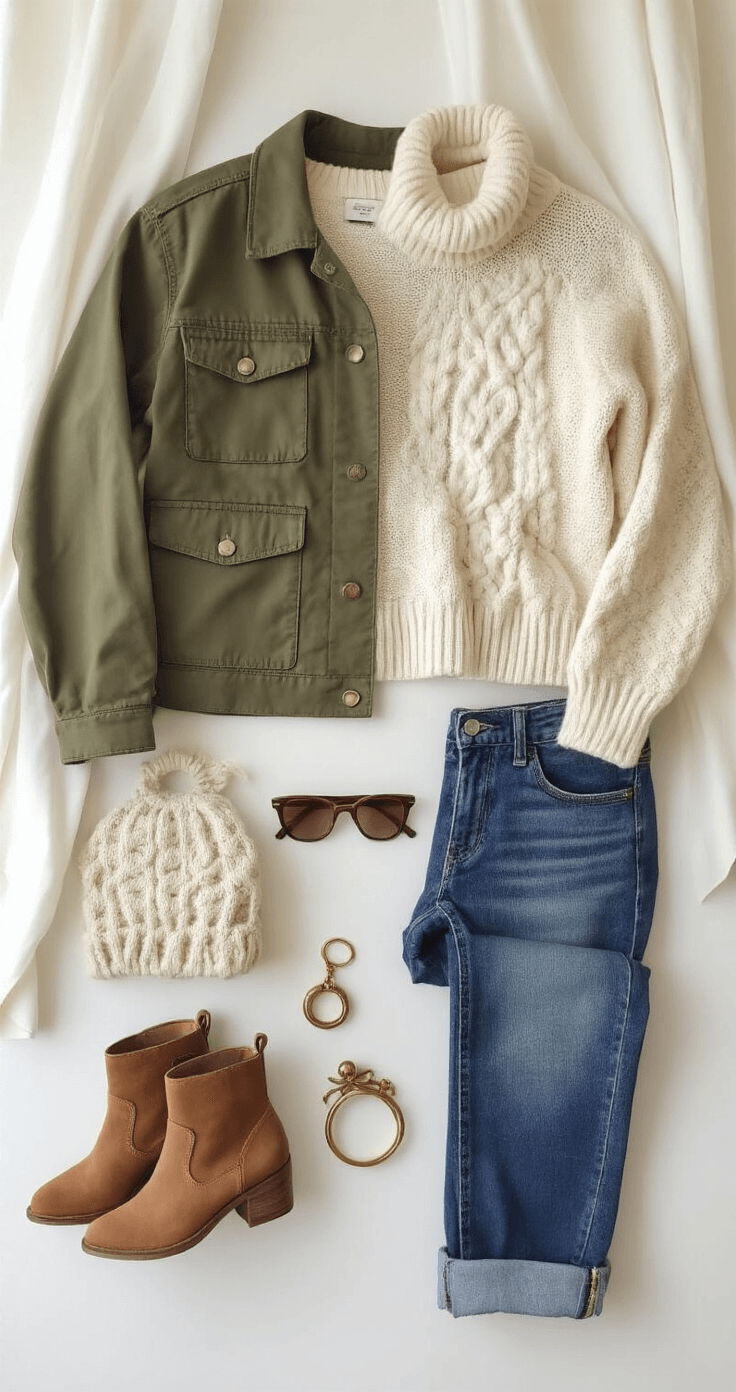 Minimalist white studio space with natural light, showcasing a lifestyle flat lay of fall wardrobe essentials including an olive utility jacket, cream cable-knit sweater, vintage-wash denim, brown suede ankle boots, and brass accessories, with textural details highlighted through overhead lighting.