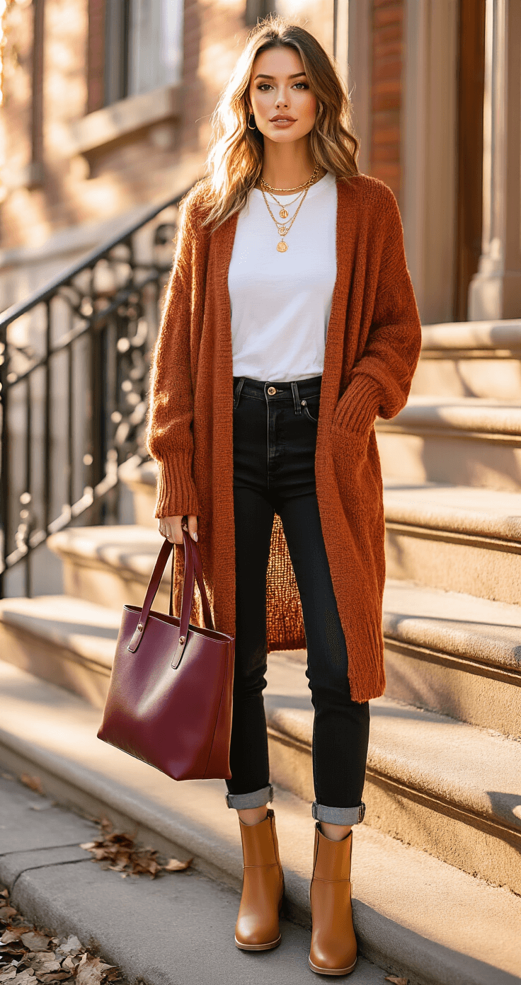 A model in a rust-colored oversized cardigan over a white fitted tee and black high-waisted jeans stands on a historic brownstone stoop at sunset, showcasing warm brick tones. She wears tan Chelsea boots, carries a burgundy leather tote, and is adorned with gold layered necklaces. The shot from below highlights architectural details with natural rim lighting from the setting sun creating a golden outline.