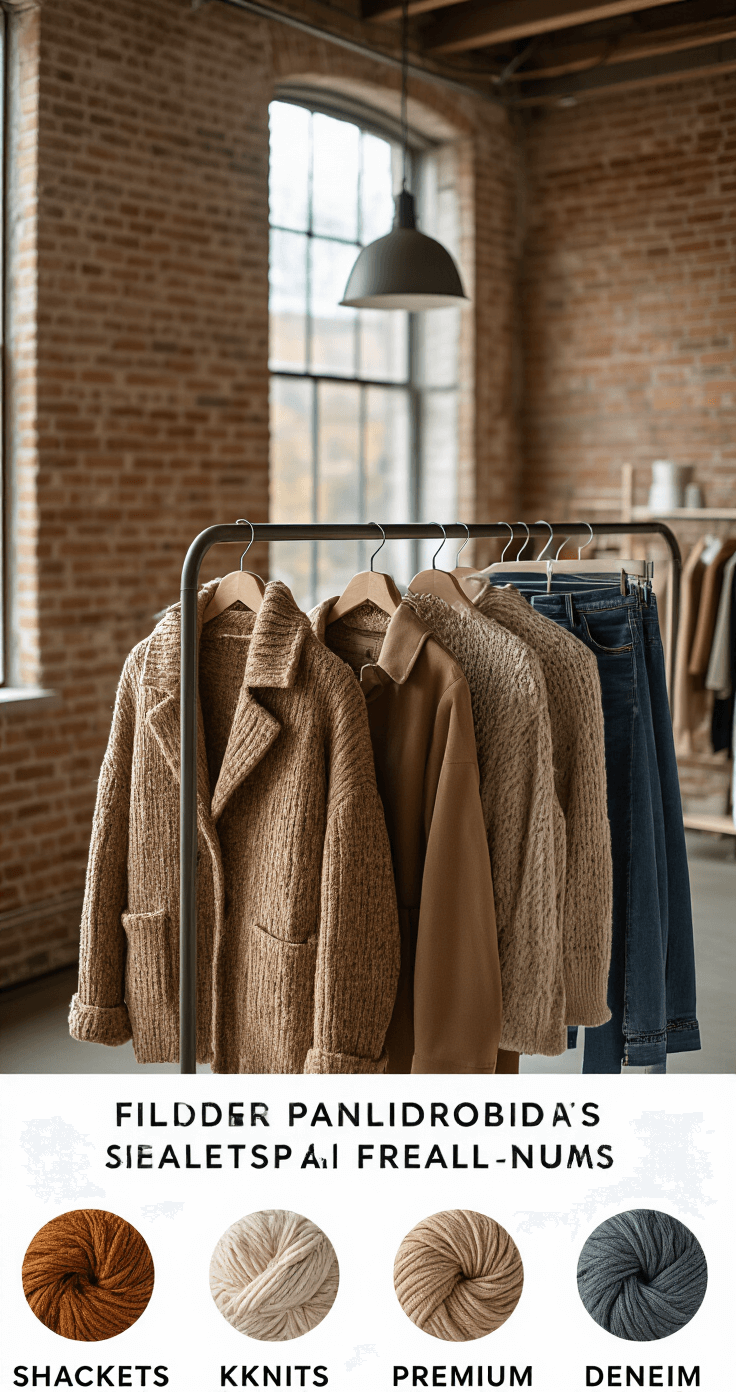 A fashion buyer arranges a rack of fall essentials, including shackets, chunky knits, and premium denim, in a modern boutique with exposed brick walls illuminated by mid-morning light, highlighting warm neutrals and deep autumn hues with a soft bokeh background.