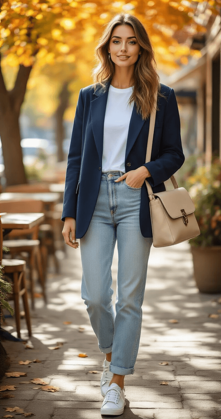 A woman in a navy oversized blazer, white t-shirt, and light wash jeans sits on a rustic coffee shop patio, basking in dappled sunlight filtering through autumn leaves, with minimal jewelry and a beige leather shoulder bag, captured in a candid moment.