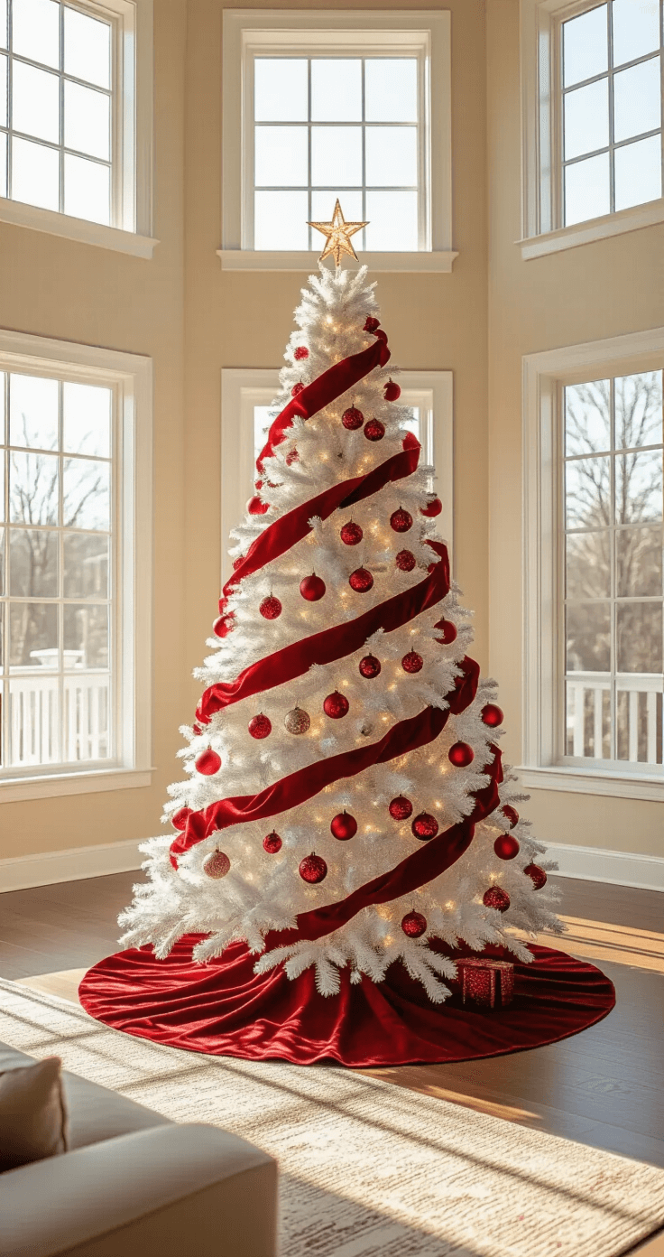 A spacious living room features a majestic white flocked Christmas tree decorated with red ornaments and a cascading velvet ribbon, illuminated by golden hour sunlight streaming through bay windows, with soft bokeh from contemporary furnishings in the background.
