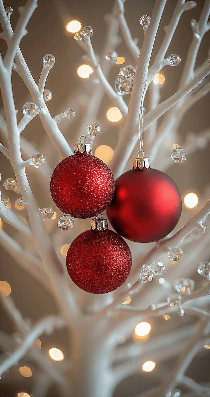Close-up of white tree branches intersecting, adorned with three red mercury glass baubles of varying sizes, illuminated by studio lighting that highlights their textures. One bauble is glossy, another matte, and the third is glittered, with warm-toned lights softly blurred in the background.