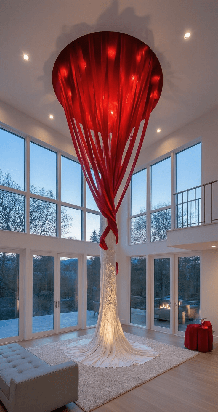 Modern open-concept great room with a vaulted ceiling, featuring a large white Christmas tree adorned with oversized red baubles and cascading red satin ribbon, positioned between floor-to-ceiling windows, all captured in dusk lighting from an elevated staircase landing. Minimalist grey and white furniture complements the scene.