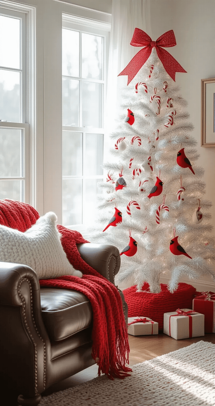 Cozy sitting room corner featuring a whimsical red and white candy cane-themed white tree, vintage red clip-on cardinal ornaments, and handmade felt decorations, illuminated by natural morning light, with a leather armchair and throw blanket in view.